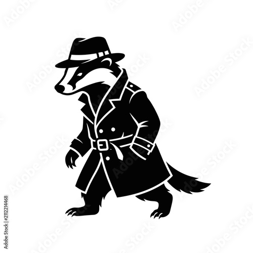 A stylized black and white illustration of a badger wearing a detective trench coat and hat