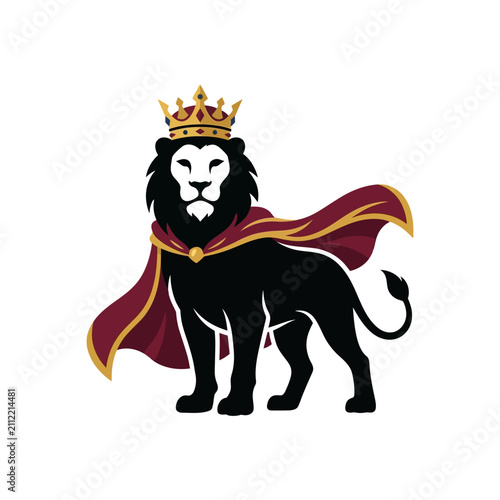 A majestic black lion wearing a golden crown and a royal red cape