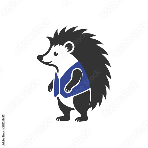 A stylized illustration of a cute hedgehog wearing a blue vest on a white background