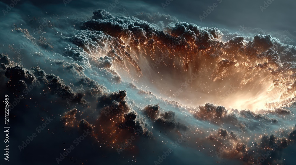 Fototapeta premium A celestial scene depicts swirling clouds, a central fiery vortex, and shimmering particles