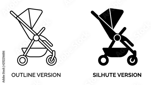 Stroller Outline and Silhouette: A clear comparison showing an outline version and a silhouette version of a baby stroller, illustrating graphic design elements.