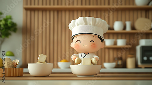 Cute Chibi Chef Character Preparing Fresh Ingredients in a Modern Kitchen Setting
