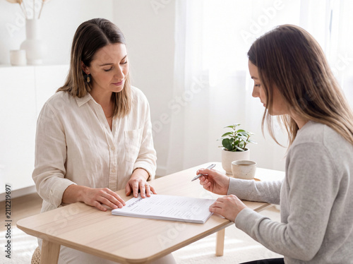 Wellness consultant reviewing intake forms with a client at a low table in soft light across a quiet consultation