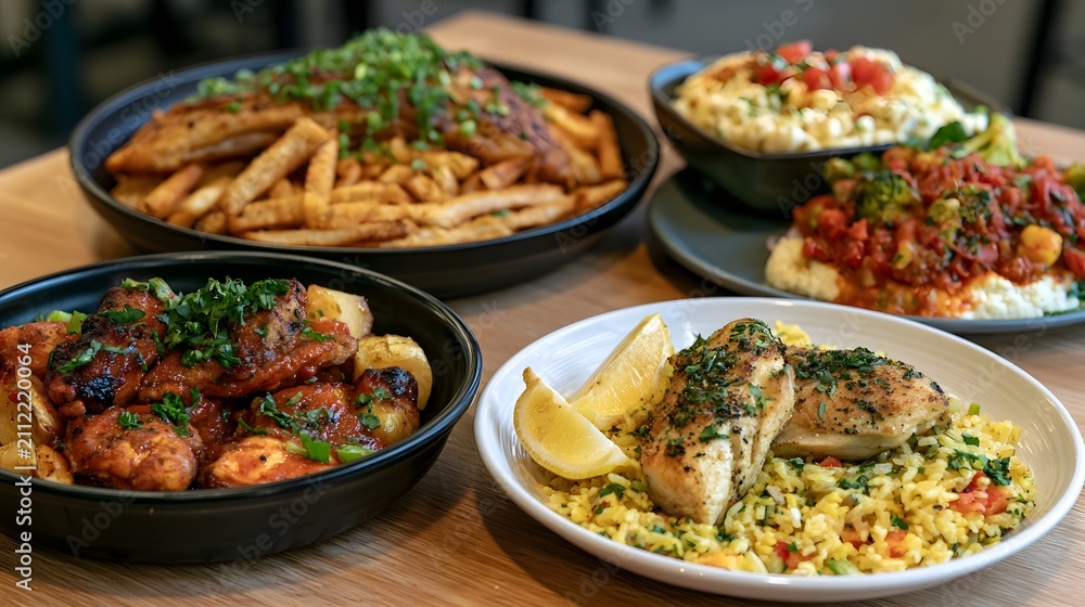Fototapeta premium Four plated meals including chicken fish fries and rice dishes garnished with herbs on a wooden table