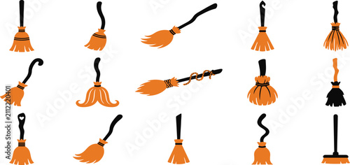 Foto Collection of various witch broomsticks for helloween party decorations and magi