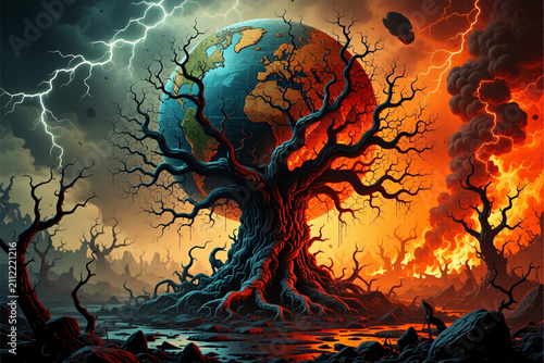 Apocalyptic Earth Crisis with Dead Tree and Lightning Storm in Fiery Sky