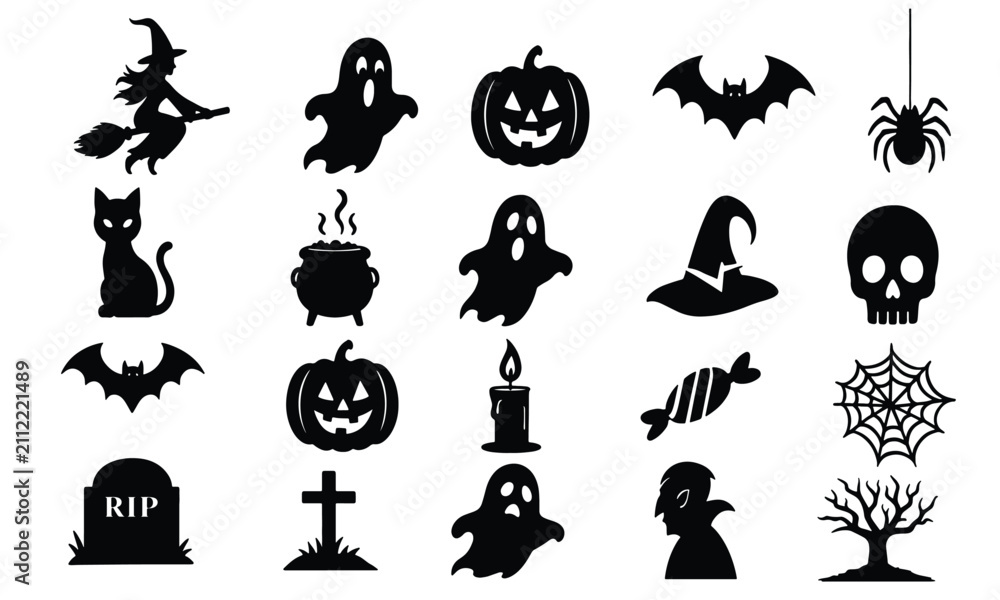 Fototapeta premium Halloween Silhouettes Set Spooky Witch Ghost Pumpkin Bat Spider Skull Gravestone Vector Graphic Collection Isolated on White Background