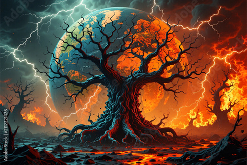 Apocalyptic Earth Crisis with Dead Tree and Lightning Storm in Fiery Sky