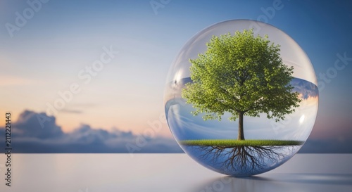 Green tree growing inside a glass sphere against a sunset sky illustration