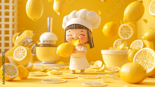 Cute Little Chef Girl Eating a Fresh Lemon in a Bright Yellow Kitchen Filled with Floating Citrus Fruit Pieces