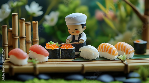 Miniature Chef Preparing Assorted Sushi Platter on a Decorative Bamboo Mat with Natural Garden Background