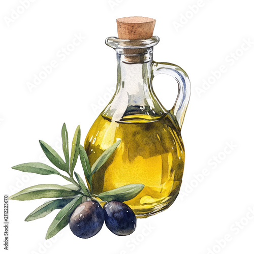 Two depictions of an olive oil bottle with olives around it. In each illustration, the bottle is filled with what appears to be green olive oil, characterized by a cork and a glass handle