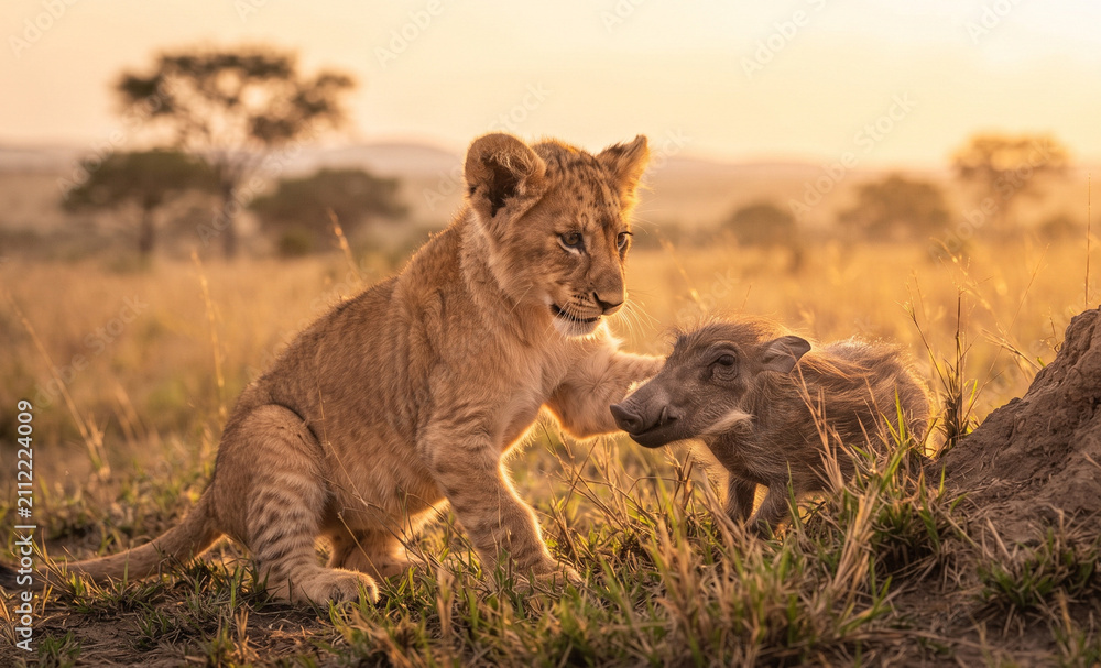 Fototapeta premium A cute lion cub gently hugs a lively boar cub.