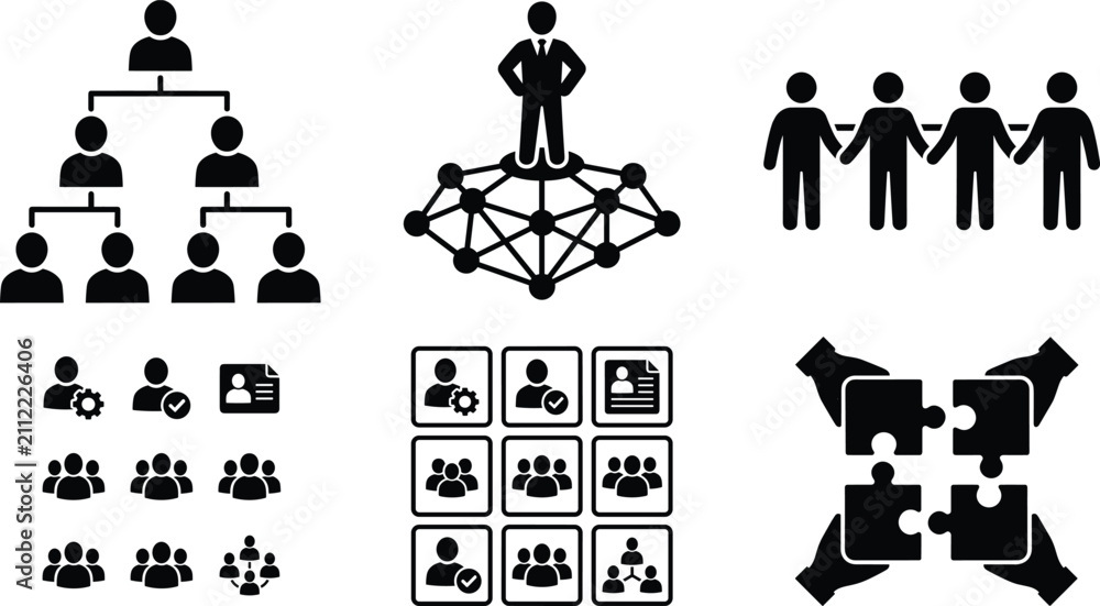 Naklejka premium Organizational and Teamwork Silhouette Icon Set with Collaboration Unity Leadership and Group Structure