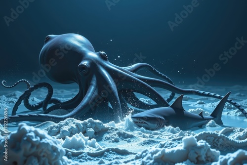 Octopus and shark face off undersea, near rocky coral formations