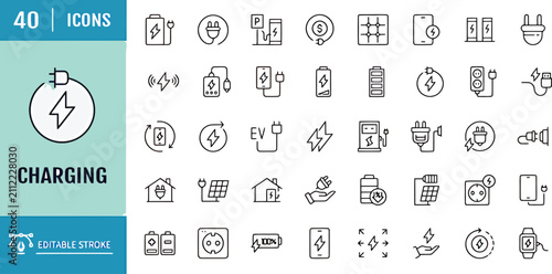 Charging line icon set editable stroke electric energy battery power vector symbols