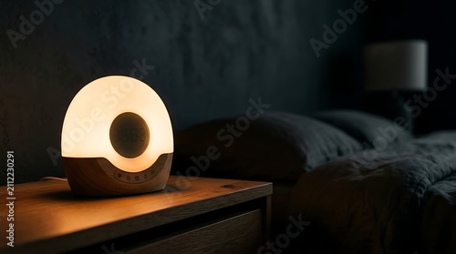 Modern wake up light on a bedside table in a dark bedroom