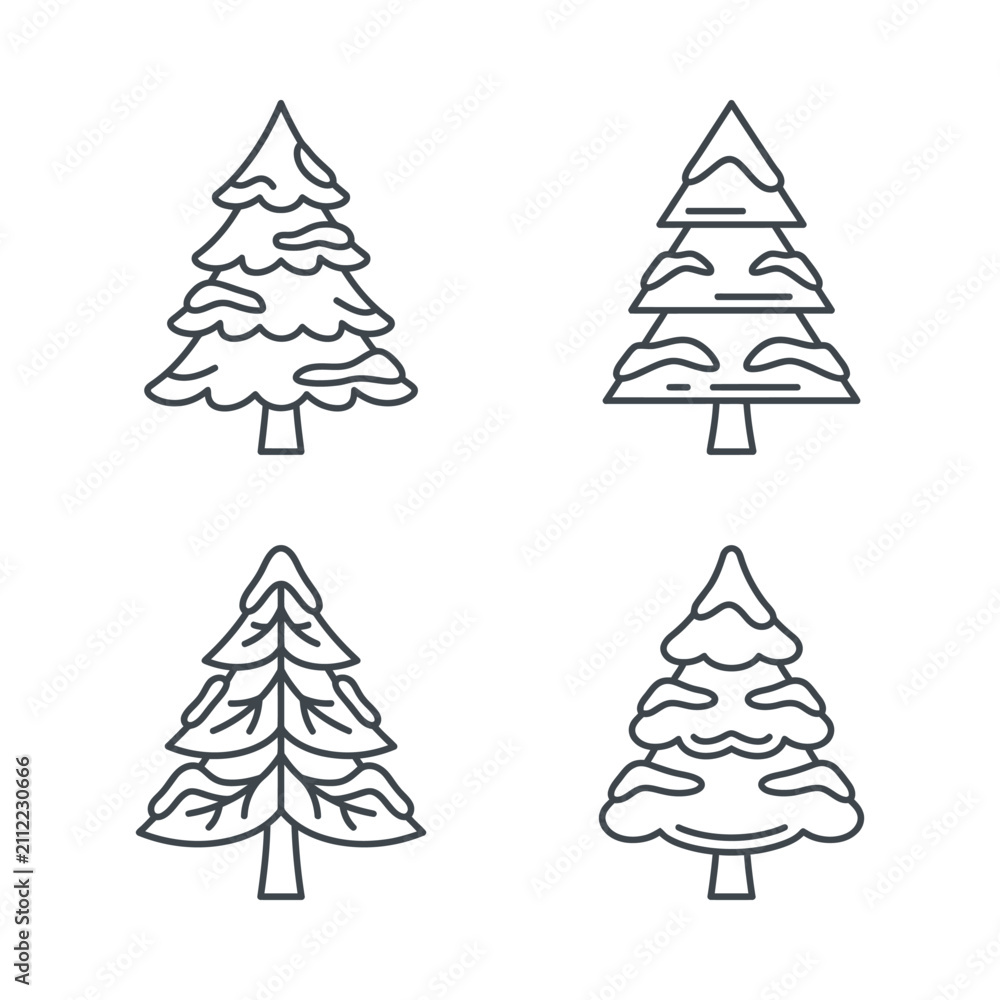 Obraz premium A collection of four stylized pine trees showcasing various snowy designs and shapes