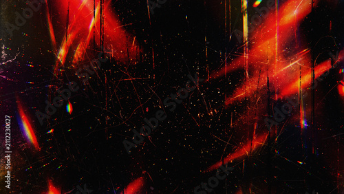 Foto grunge horror background with red light rays, scratches and film grain