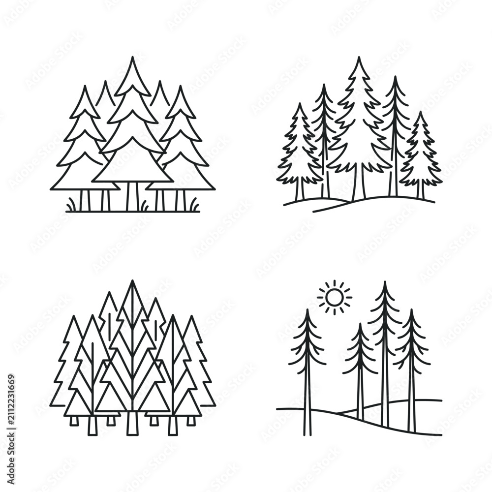 Fototapeta premium A collection of stylized pine tree illustrations showcasing various arrangements and landscapes