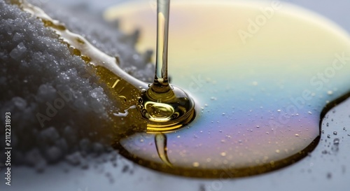 Golden syrup pouring over granulated white sugar crystals close up macro texture abstract background