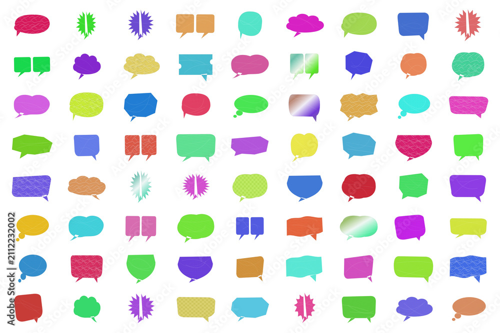 Fototapeta premium Set of colorful pixel art speech bubbles for chat and communication design elements isolated on transparent background