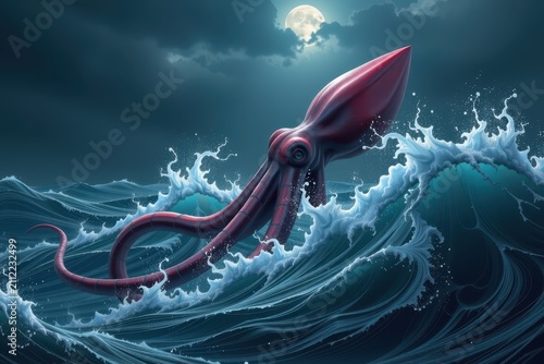 Giant squid breaks surface, tentacles swirling in moonlit sea