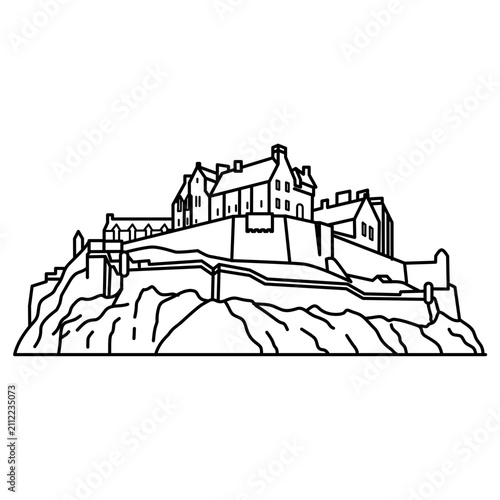 Medieval castle line art icon. Historic fortress silhouette on a rocky hill.