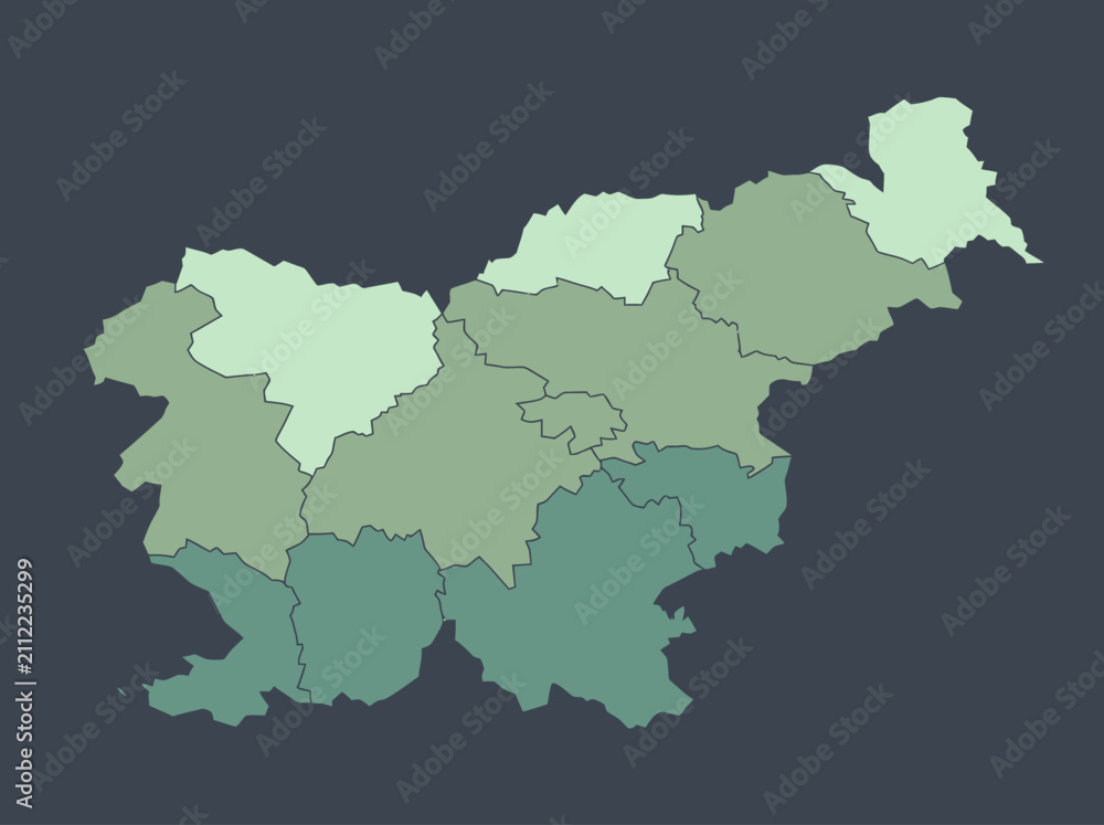 Fototapeta premium Stylized Slovenia Map with Administrative Regions in Green Gradient on Dark Background