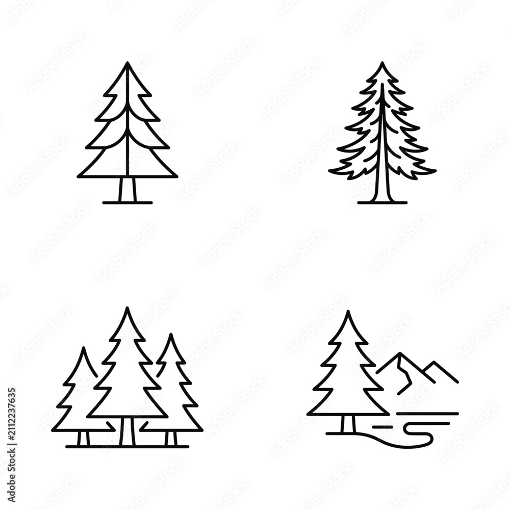 Obraz premium A collection of minimalist line drawings of various pine trees in natural settings