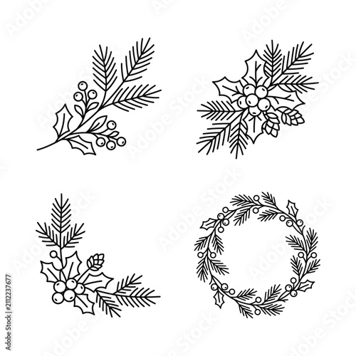Hand-drawn festive botanical illustrations featuring holly, pine, and wreath designs for seasonal decor
