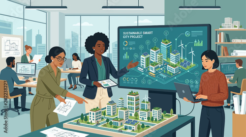 Sustainable smart city project, urban planning team, green architecture vector