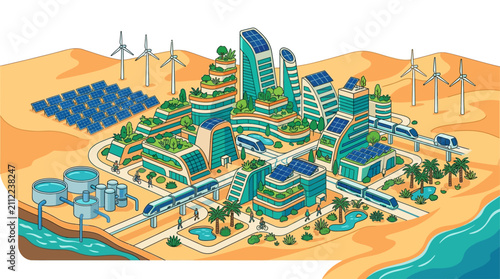 Futuristic green city vector, sustainable eco smart city, desert oasis town