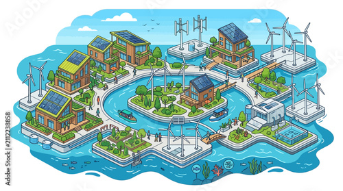 Sustainable floating city vector, eco friendly sea colony, green energy ocean town