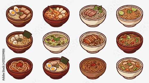 Assorted Bowls of Japanese and Asian Noodle Soups