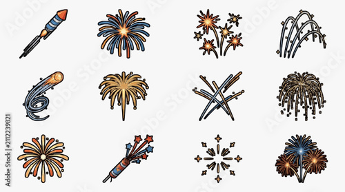 Assorted Fireworks Illustration Set