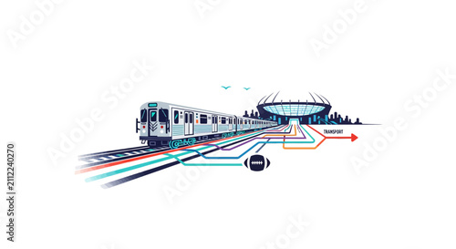 A stylized illustration of a commuter train traveling toward a large sports stadium