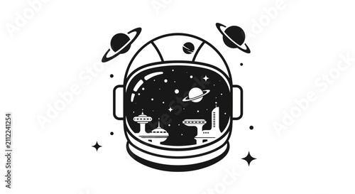 A minimalist black and white illustration of an astronaut helmet containing a futuristic space city