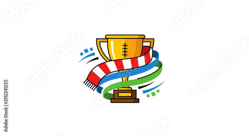 A golden trophy cup is decorated with a colorful striped scarf and dynamic motion lines