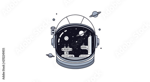 A stylized illustration of an astronaut helmet containing a futuristic space station scene