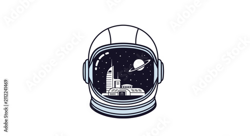 A minimalist graphic illustration of an astronaut helmet reflecting a futuristic space station