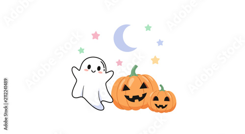A cute cartoon ghost and two carved pumpkins under a crescent moon