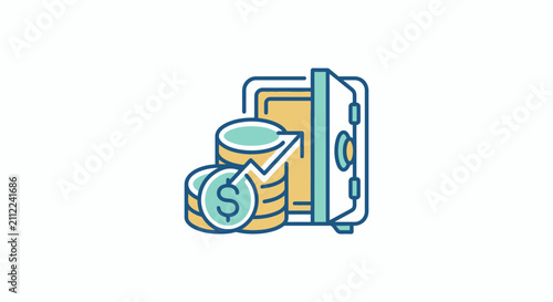 A stylized vector illustration of a secure metal vault with a stack of gold coins