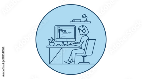 A digital illustration of a person working on a computer in a home office setting