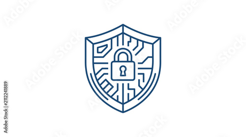 A digital shield icon featuring a central padlock symbol and integrated circuit board patterns