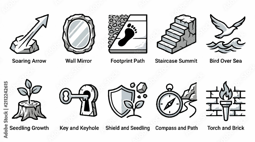 Obraz premium A collection of ten hand drawn doodle icons representing various concepts and symbols.
