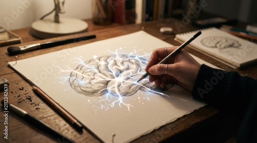 Artist Illustrates Brain Activity and Neural Connections on Paper.