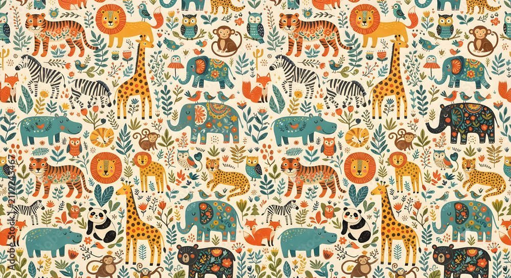 Fototapeta premium Cute Safari Animals Seamless Pattern with Zebra, Giraffe, Lion, Elephant and Tropical Leaves