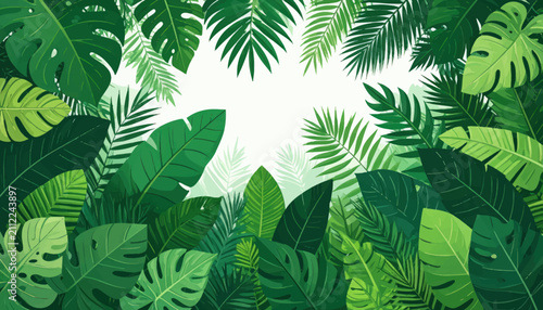 Lush tropical green leaves and palm fronds background.