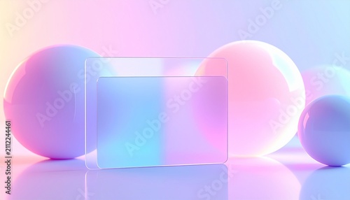 球体とガラスパネルが浮かぶ幻想的なパステルカラーの抽象バックグラウンド